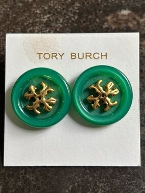 TORY BURCH ROXANNE LOGO GREEN BUTTON STUD EARRINGS